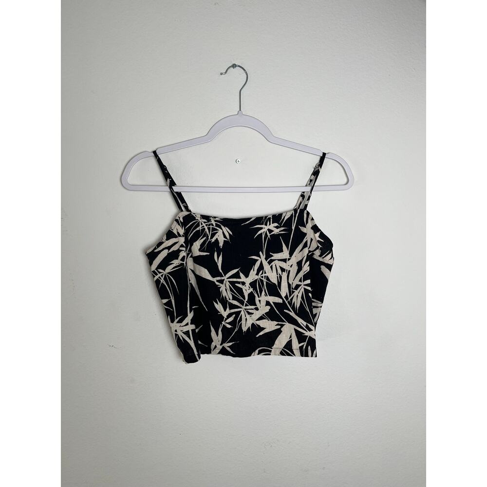 Express Womens Medium Tropical Crop Top Black Ivory Floral Bamboo Resort Y2K
